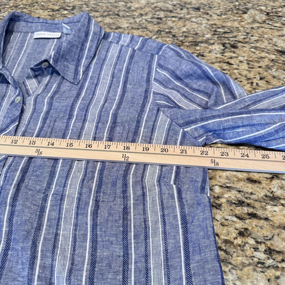 Susan Graver Shirt Womens Petite Large Blue Stripe Linen Button Long Sleeve - Picture 4 of 8
